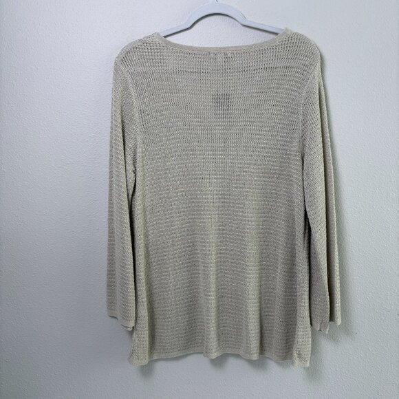 J Jill Open Knit Sweater Size L Truffle Tan V Neck Linen Blend Lagenlook NWT - Picture 3 of 13